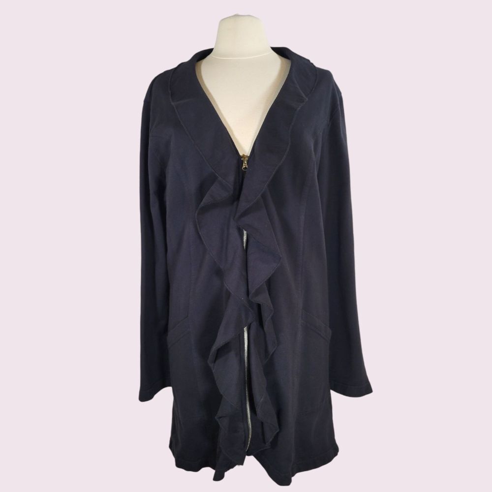 Vintage 100% Cotton Jacket XL 90s Zip Black Ruffle Longline Pockets Lagenlook